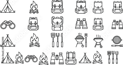 Camping and Outdoor Gear Icon Set Including Tents, Fire, Backpacks, Binoculars, and BBQ, Vector Illustration