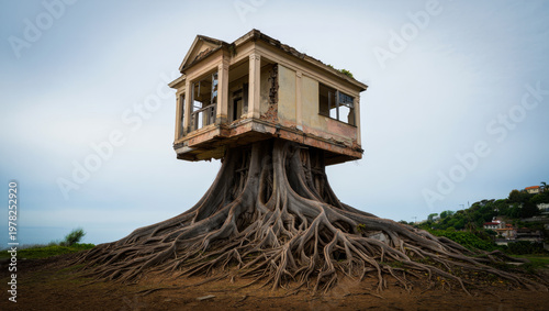 Surreal Abandoned Neoclassical House Supported by Massive Tree Roots
