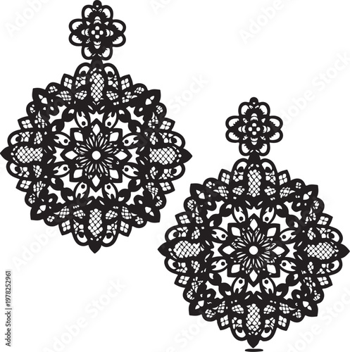 Intricate Black Lace Earrings, Crochet Floral Dangle Jewelry, Boho Chic Accessories, Fashion Illustration