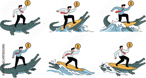 Risk and Reward Icon Set with Businessman Surfing on Crocodile, Waves, and Financial Success Illustrations