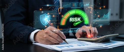 Analyzing financial risk management strategies corporate office digital content professional environment close-up view risk assessment techniques for optimal business performance