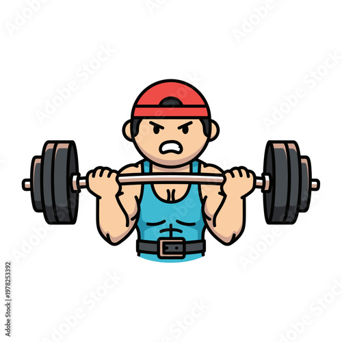 Cartoon Man Weightlifting with Barbell, Strong Gym Fitness Illustration