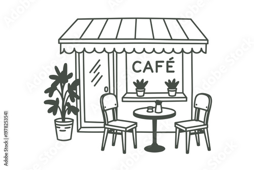 Hand drawn cafe exterior with table and chairs coffee shop