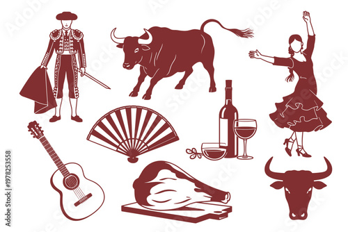 Spanish culture bullfighter guitar fan wine dancer