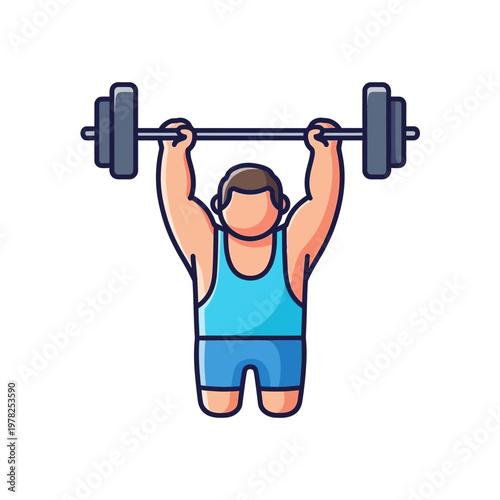 Cartoon strongman lifting barbell overhead, fitness and gym workout icon
