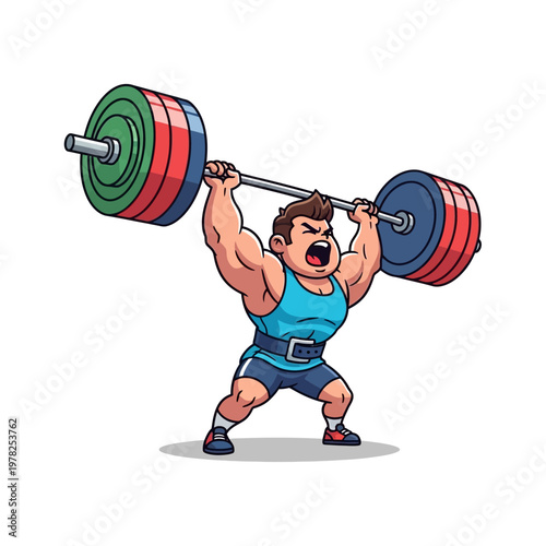 Cartoon Weightlifter Lifting Heavy Barbell Overhead with Intense Effort
