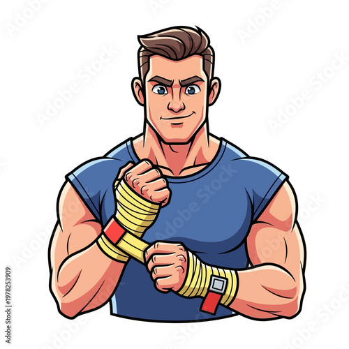 Confident Boxer Man Wrapping Hands for Training or Fight - Cartoon Vector Illustration