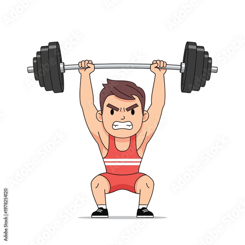 Determined male weightlifter lifting heavy barbell overhead in a squat, intense workout
