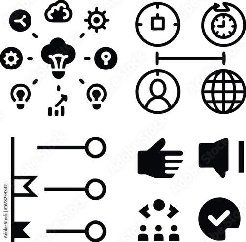 Collection of minimalistic, modern icons perfect for business or technology applications, each meticulously designed to communicate key concepts.