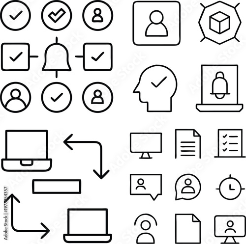 An icon collection of various graphic designs is laid out. it's for web applications, or user interface designs, conveying messages.