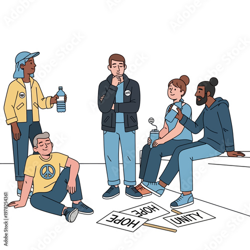 Diverse Youth Group Discussing Social Issues with Hope and Unity Signs on Ground