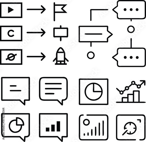 An assortment of minimalist business icons representing various digital marketing concepts and metrics, arranged neatly on a plain canvas.
