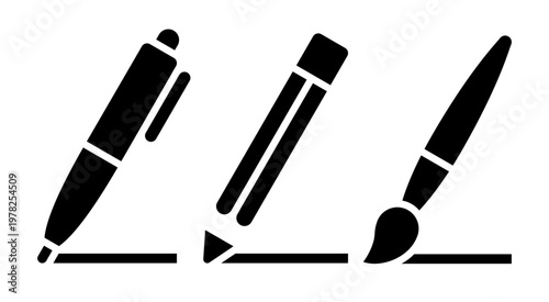 Pen, pencil and paintbrush icon set. Office tools collection.