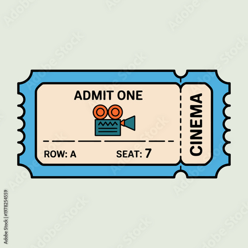 Cinema ticket with camera icon and admit one text