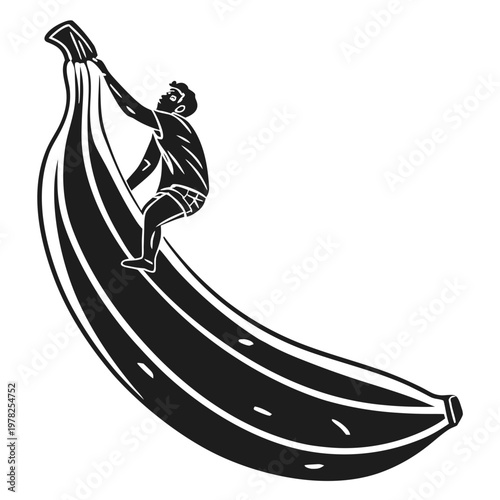 Black and white illustration, man climbing banana, vintage style vector graphic, humorous people illustration
