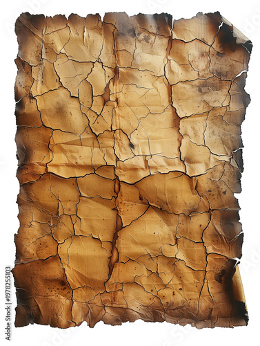 Grungy aged paper sheet with ragged torn edges isolated on transparent background