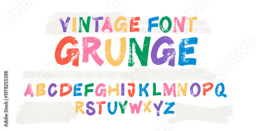 Carnival grunge funky font with colorful cartoon alphabet and playful groovy letters. Joyful festive typography for bright logos, comic headlines, bouncy titles, creative fiesta typeface vector set.