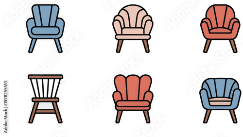 Chairs arranged in a grid feature diverse upholstery designs and wooden legs to provide an organized visual guide for interior decoration and modern furniture retail planning.