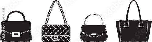 Handbags collection showcases four distinct black silhouettes featuring various strap styles and rectangular or curved body shapes for fashion design projects.