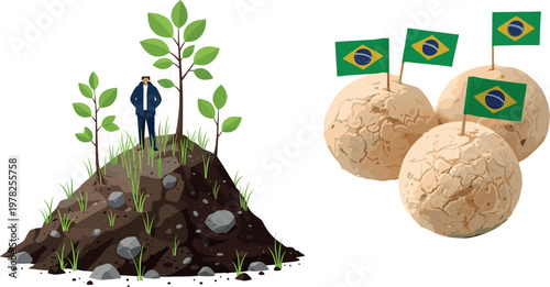 Brazil agriculture and food vector illustration set featuring cassava crop growth in soil and traditional cheese bread with national flags