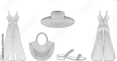 Dresses and summer accessories including a large sun hat, a woven handbag, and flat sandals are arranged in a clean line art style for a fashion retail brand identity.