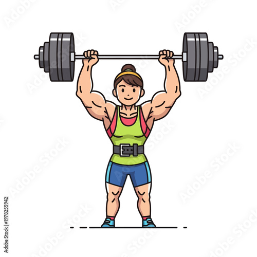 Strong Woman Weightlifting Illustration: Female Athlete Lifting Barbell Overhead