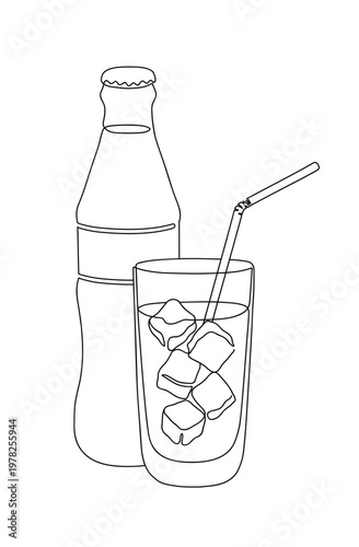 Coke bottle and drink glass with ice cubes. Lemonade cocktail line art style icon. Continuous line drawing vector illustration