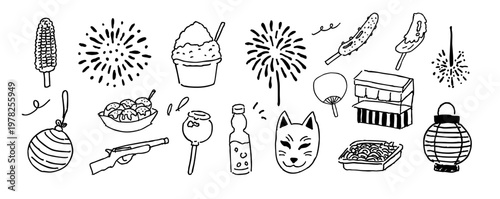 日本の夏祭りの手書きイラスト素材セット