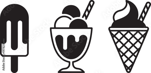 Ice cream treats including a popsicle, a sundae bowl, and a waffle cone are presented as minimalist black icons for summer food menus.
