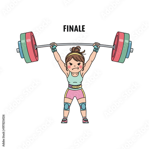 Cartoon girl weightlifting heavy barbell with determination, reaching the finale