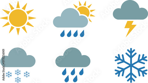 Weather symbols depicting sunny, rainy, stormy, snowy, and overcast conditions provide a simple visual language for meteorological forecasting.