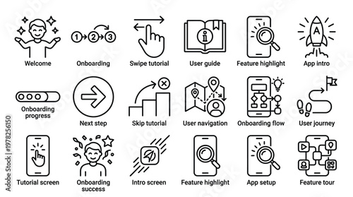 Set of 24 onboarding line icons for mobile app interface design.