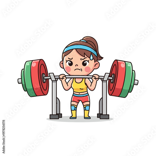 Cute Cartoon Girl Weightlifter Straining to Lift Heavy Barbell