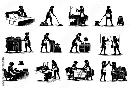 Silhouette of housekeepers performing various cleaning tasks in different settings.