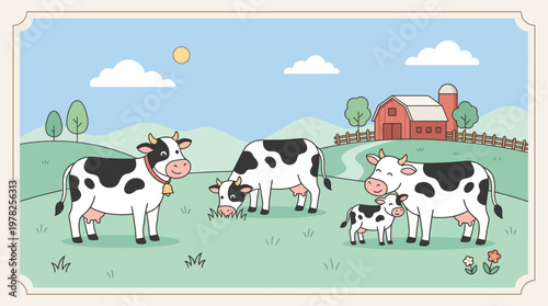Minimalist Cartoon Dairy Cows with Calf Flat Vector Illustration