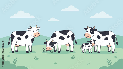 Minimalist Cartoon Dairy Cows with Calf Flat Vector Illustration