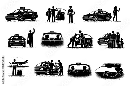 Silhouette scenes of taxi rides with drivers and passengers in various interactions.