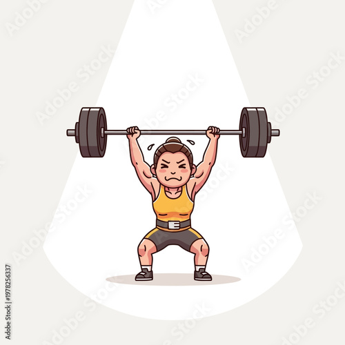 Pixel Art Woman Weightlifter Lifting Barbell Overhead Illustration