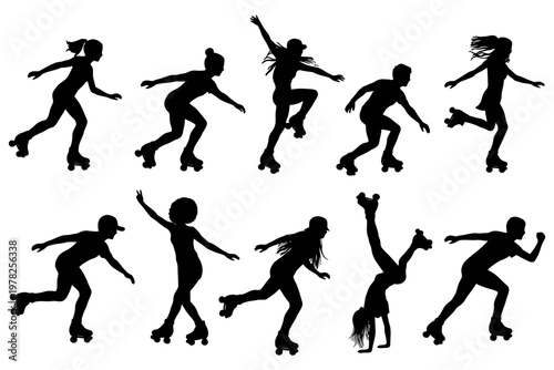 Silhouettes of diverse roller skaters in dynamic poses.