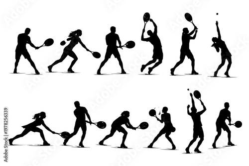 Silhouettes of diverse tennis players in action poses.