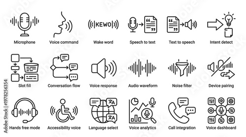 Set of 24 voice assistant line icons. voice command and recognition.