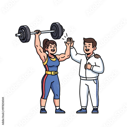 Strong woman weightlifter celebrates success with coach high-five during training