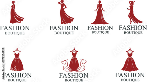 Luxury fashion boutique logo collection featuring elegant women in long dresses and gowns for beauty salon and apparel shop branding.