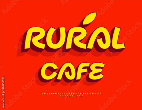 Vector Bright signboard Rural Cafe. Stylish Cursive Font. Exclusive Uppercase 3D Alphabet Letters and Numbers set.