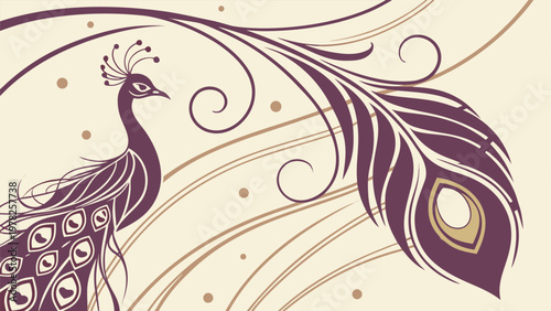 Elegant abstract floral background featuring a vector peacock and butterflies with ornate black swirls and vintage leaf ornaments in a decorative nature silhouette illustration