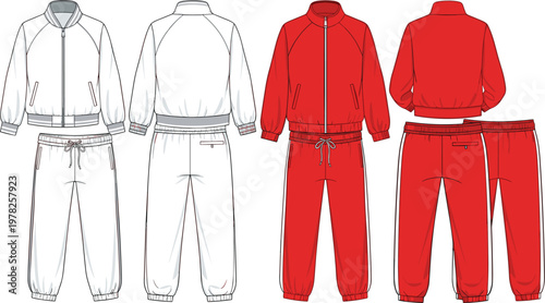 Technical fashion sketch of men sports tracksuit set including bomber jacket and joggers in red and white colors for tech pack design.
