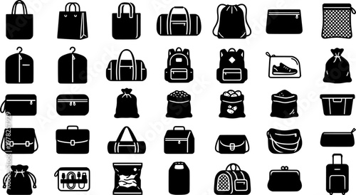 Bag and sack outline icons set – gym, storage, travel and tote illustrations
