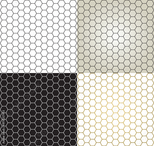 4 Motifs en nid d’abeilles hexagonal - fond géométrique alvéoles minimaliste en noir et blanc et doré - vecteur