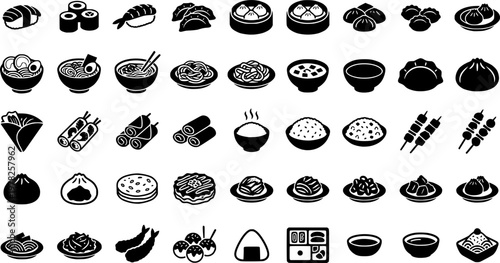Cultural Food Icons. Cultural celebration foods. Solid icon set of cultural celebration foods: tamales, dim sum basket, curry pot, dumplings, paella pan, sushi