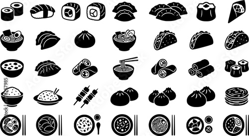 Cultural Food Icons. Cultural celebration foods. Solid icon set of cultural celebration foods: tamales, dim sum basket, curry pot, dumplings, paella pan, sushi